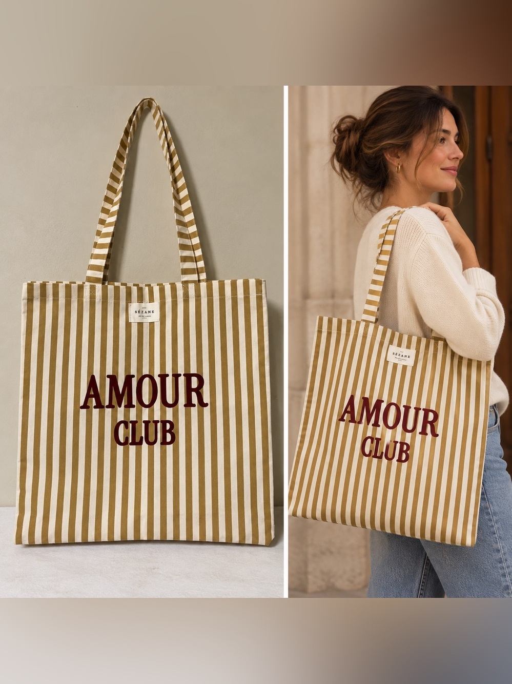 Sézane Canvas Amour Club Striped Tote Shoulder Bag Women's Fashion Cream Tan